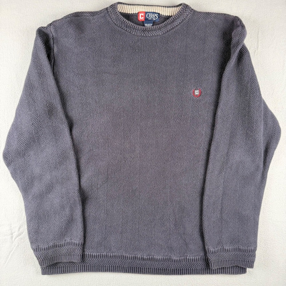 Y2K Sweater Chaps Mens XXL Blue Fade Herringbone Crewneck Heavy Knit Pullover